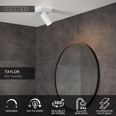 Lucide TAYLOR - Spot plafond Salle de bains - LED Dim to warm - GU10 - 1x5W 2200K/3000K - IP44 - Blanc